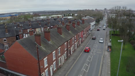 Aerial-overhead-views-of-Victoria-road,-Vicky-road,-a-poor-area-leading-to-the-city-centre-of-Hanley,-over-population-and-poor-city-planning,-West-Midlands