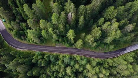 Empty-mountain-road-across-a-pine-forest-in-the-Dolomite-mountains-northern-Italy,-Aerial-drone-top-view-pan-left-reveal-shot