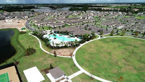 Aerial-view-of-an-upper-middle-class-lakefront-neighborhood-subdivision-with-single-family-homes-and-townhouses,-pool-and-clubhouse-on-a-cloudy-fall-day-in-Winter-Garden,-Florida,-USA