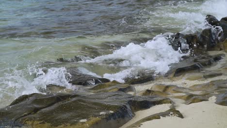 Beautiful-scene-of-wave-splashing-onto-rocks-in-slow-motion,-Fiji-island-shore