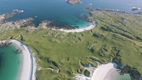 Magnificent-Green-Island-Landscape-And-Beaches-In-Dogs-Bay-Beach-Connemara-Ireland---aerial-shot