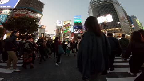 Shibuya-Crossing,-pedestrians-walking-towards-the-other-side,-skyscrapers-with-ads-in-the-distance