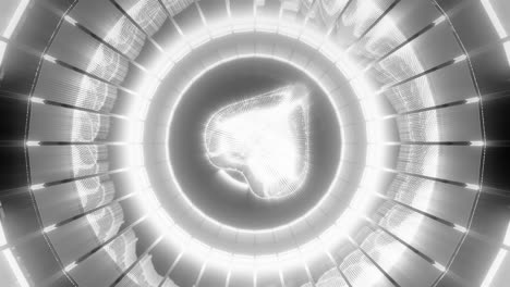 Bright-heart-rotating-in-opening-circles,-black-and-white-rendered-3d-graphic-animation