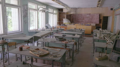Pripyat-School-Abandoned-Classroom-During-The-Chernobyl-Nuclear-Disaster-In-Ukraine---Medium-shot
