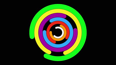 Abstrakte-Animation-Verschachtelter-Rotierender-Kreise-In-Entgegengesetzter-Richtung-In-Verschiedenen-Farben-Auf-Schwarzem-Hintergrund