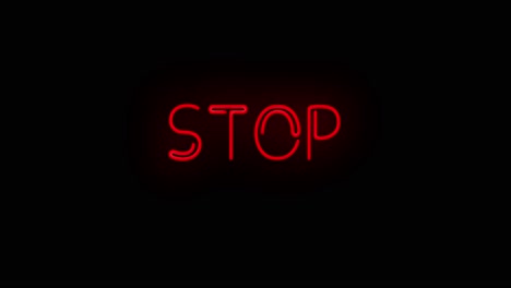 Blinkendes-Stopp-elektrisches-Rotes-Neonschild,-Das-Mit-Flimmern-Ein--Und-Ausgeschaltet-Wird