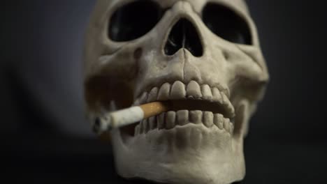 Human-skull-with-cigarette-on-dark-background-zoom-in-shot