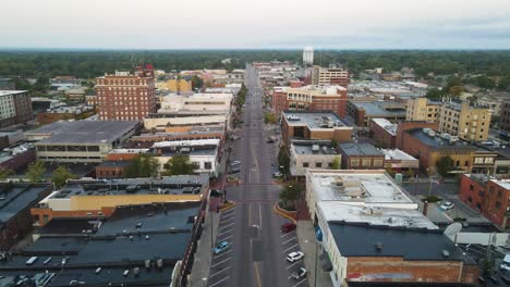 Urban-Concept---Downtown-Streets-of-City-of-Columbia,-Missouri--Aerial-Drone-View