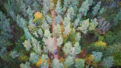 Aerial-View-in-4k-a-Car-Driving-Up-Curvy-Country-Grawel-Road-Through-Colorful-Autumn-Forest
