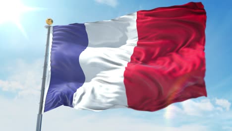 4k-3D-Darstellung-Der-Wehenden-Flagge-An-Einem-Mast-Des-Landes-Frankreich