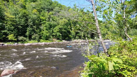 Tracking-shot-of-beautiful-river-landscape-with-kayak-paddling-in-water-with-the-flow-during-sunny-day