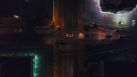 Static-Top-Down-Drone-Aerial-View-of-Night-Car-Traffic-on-Downtown-Intersection-in-Panama-City
