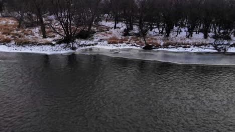 Drone-Over-Frozen-Winter-Forest-River-With-Flying-Ducks