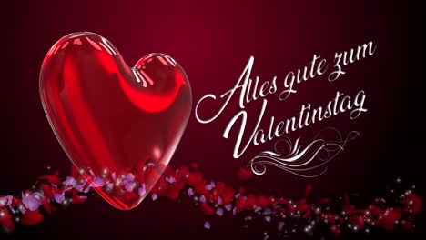 High-quality-seasonal-motion-graphic-celebrating-St-Valentine's-Day,-with-deep-red-color-scheme,-and-flowings-stream-of-small-hearts---German-message-reads-"Alles-gute-zum-Valentinstag