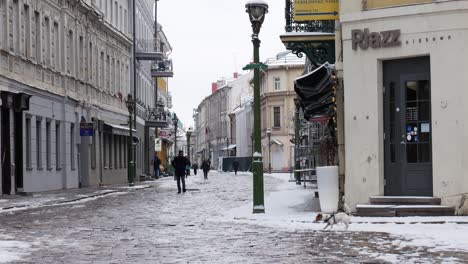 People-and-dog-walks-in-Kaunas-city-old-town-during-winter-season