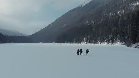 aerial-shot-of-a-group-of-people-walking-on-a-frozen-lake-surrounded-by-pine-trees-and-mountains-during-winter-time,-British-Columbia-Canada