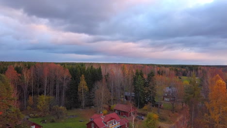 Aerial-drone-shot,-towards-colorful-autumn-trees,-on-a-cloudy-fall-day,-in-the-countryside-of-Sweden