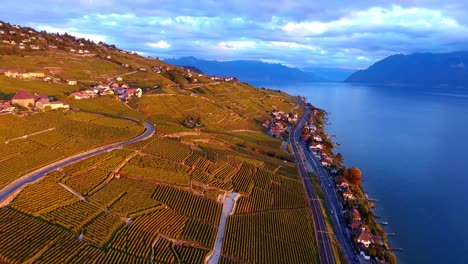 Orange-autumn-colors-over-Lavaux-vineyard,-Switzerland-at-sunset-Lake-Léman-and-the-Alps-in-the-background