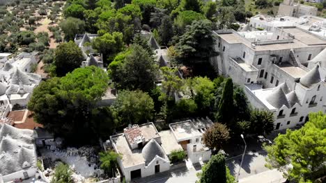 A-Dji-drone-take-a-sstatic-panoramic-of-Alberobello-above-the-main-historical-road-full-of-Trulli