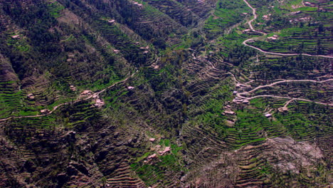 Vista-Aérea-De-Caminos-Estrechos-De-Montaña-Y-Bosques-En-Cachemira,-India
