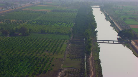 Perspectiva-Vista-Aérea-De-Un-Canal-Que-Pasa-De-Los-árboles-Verdes-Y-Granjas,-Un-Puente-En-El-Canal,-Antena-Contra-La-Luz-Del-Sol