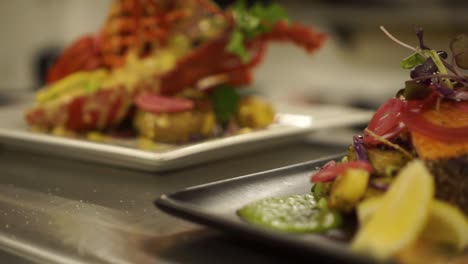 Slowmo-–-Essenspräsentation-Von-Neuseeländischen-Flusskrebsen-Mit-Salat,-Kartoffeln,-Zitrone-Und-Lachs-In-Einem-Luxusrestaurant-–-Nahaufnahme