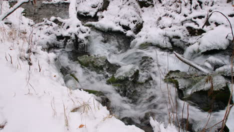 A-small-creek-flows-over-rocks-and-ice-in-a-snow-covered-forest-in-Chugach-state-park-Alaska
