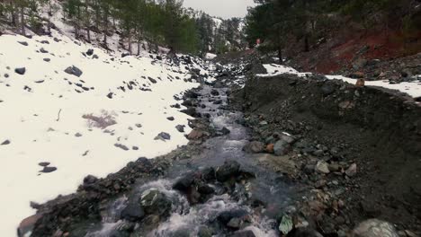 Drone-shots-of-stream-and-small-waterfalls-created-by-melting-snow-in-Troodos-Mountain-Cyprus