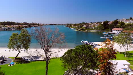 Aerial-drone-rising-through-trees-and-flowers-over-community-Lake-Mission-Viejo