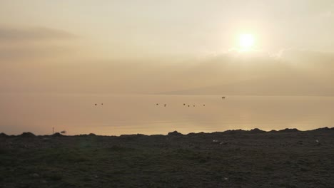 Idyllic-golden-hour-sunset-bay-landscape-with-octopus-pots-off-shore-handheld-shot
