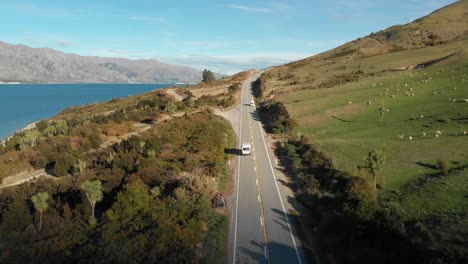 Aerial-Drone-following-a-campervan-with-a-view-of-magnificient-blue-Lake-Hawea,-field-of-sheep-and-mountains-in-late-afternoon-in-New-Zealand