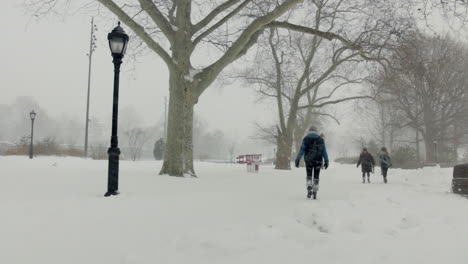 Dies-Ist-Eine-Aufnahme-Von-Menschen,-Die-Während-Eines-Schneesturms-Im-Prospect-Park-In-Brooklyn,-New-York,-Spazieren-Gehen