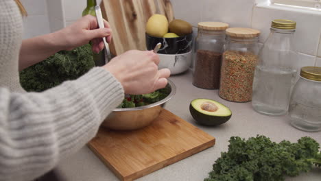 Weibliche-Hände-Mischen-Salat-In-Einer-Schüssel,-Vegetarisches-Salatgericht,-Gesundes-Hausgemachtes-Essen
