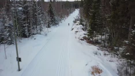Aerial,-Drone-shot-following-a-cross-country-skier-at-high-speed-and-low-altitude,-fast-paced