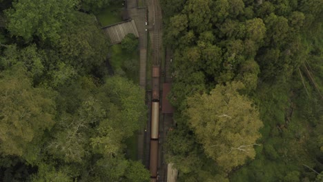 Old-Train-on-the-railways-at-the-station-in-Alishan---Aerial-Photography,-Top-view