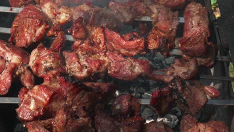 Cocinar-Trozos-De-Carne-De-Cerdo-A-La-Barbacoa-En-El-Almuerzo-Al-Aire-Libre