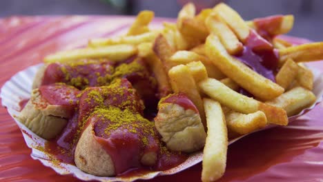 Comiendo-Delicioso-Currywurst-De-Berlín-Con-Papas-Doradas-Y-Ketchup