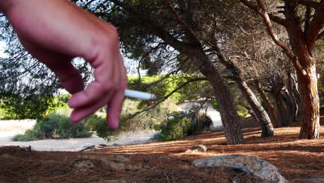 Locked-shot-fo-a-hand-with-a-cigarette-in-front-of-a-pine-trees-forest