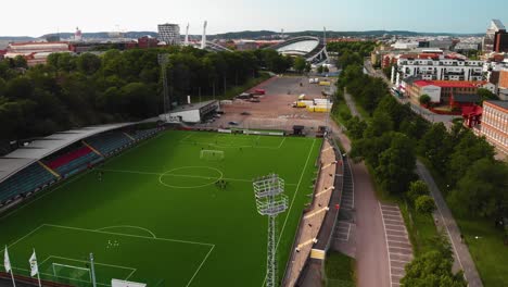Aerial-view-over-the-soccer-field-called-Valhalla-IP-in-Gothenburg,-Sweden