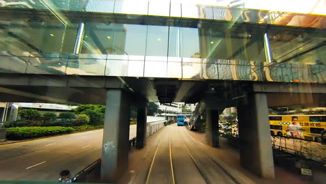 TimeLapse---Hong-Kong-Island-tram,-forward-movement-captured-through-front-screen