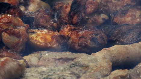 Assorted-delicious-grilled-meat,-Top-view,-sausages,-chicken,-pork
