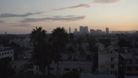 Lovely-aerial-pan-around-palm-trees-during-sunset-in-Los-Angeles