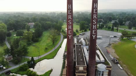 Smokestacks-from-manufacturing-plant-at-the-Hershey-Chocolate-Company-toward-small-stream