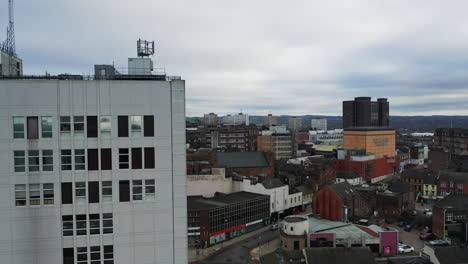 Aerial-view-of-high-rise-tower-blocks,-flats-built-in-the-city-of-Hanley,-Stoke-on-Trent-to-accommodate-the-increasing-population,-council-housing-crisis,-Immigration-housing