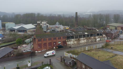 Aerial-view-of-Kensington-Pottery-Works-an-old-abandoned,-derelict-pottery-factory-and-bottle-kiln-located-in-Longport,-Industrial-decline