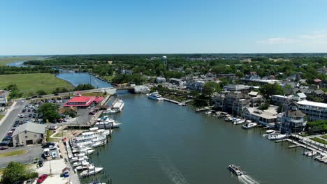 AERIAL-Of-Lewes-Canal,-Delaware,-USA-With-Recreational-Boats-And-Yachts