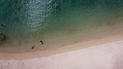 Descending-drone-shot-showing-girl-relaxing-in-transparent-ocean-water-in-summer
