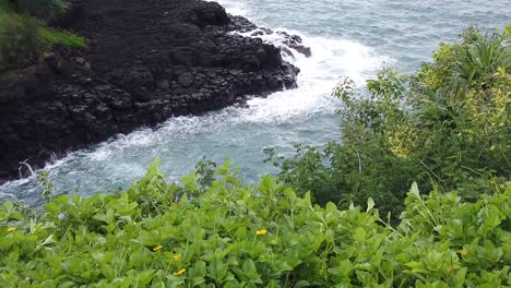 HD-120fps-Hawaii-Kauai-Truck-right-to-left-overhead-view-of-waves-crashing-on-rocky-shoreline-with-greenery-in-foreground