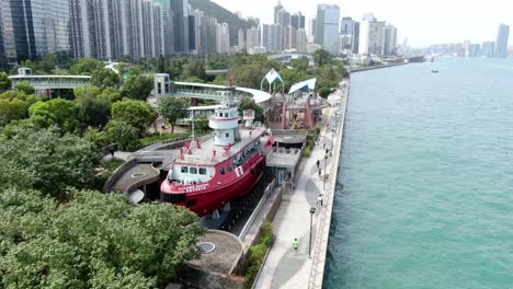 Hong-Kong-waterfront-decommissioned-Fireboat-museum-and-exhibition-gallery-named-after-Alexander-Grantham,-Aerial-view