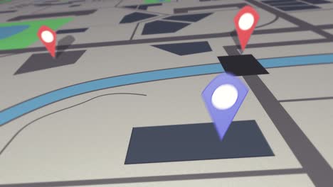 Flug-über-Eine-3D-Straßenkarte-Der-Stadt,-Stecknadeln-Werden-In-Die-Karte-Gesetzt---Digital-Animierte-Animation